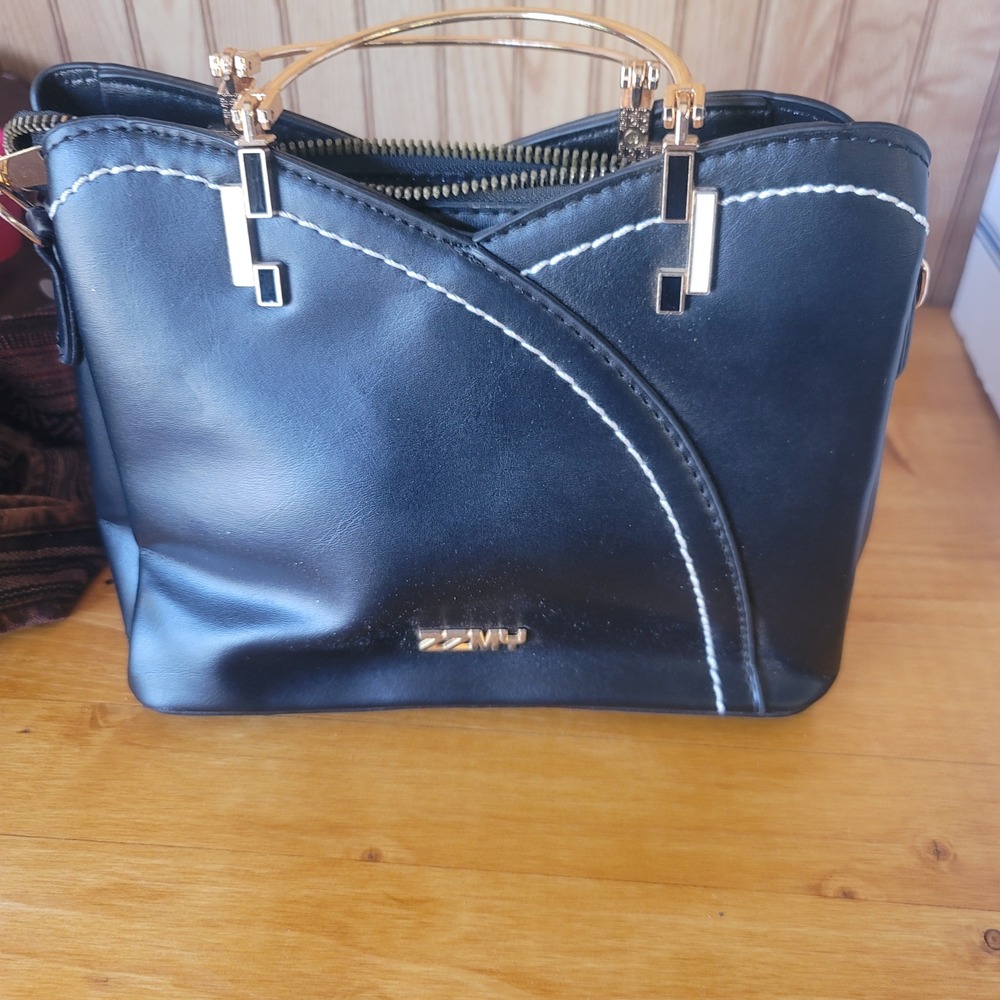 ZZMY Black Top Handle Bag Gold Accent‎ Modern Satchel Crossbody Handbag Women